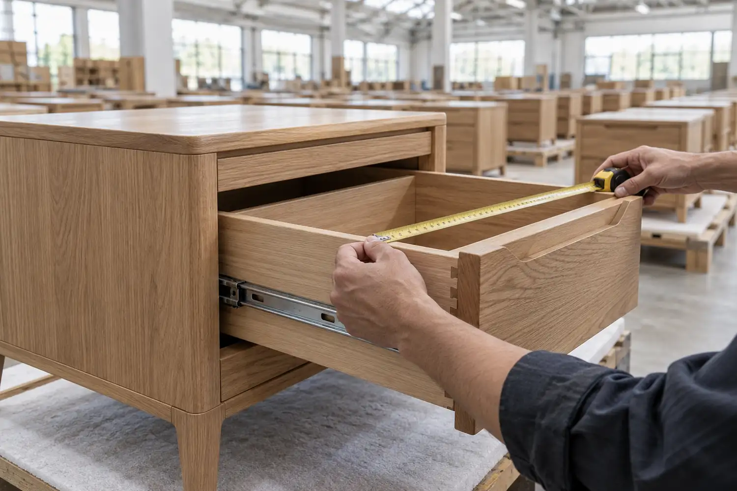 Inspector measuring an oak hotel bedside cabinet drawer in a furniture factory