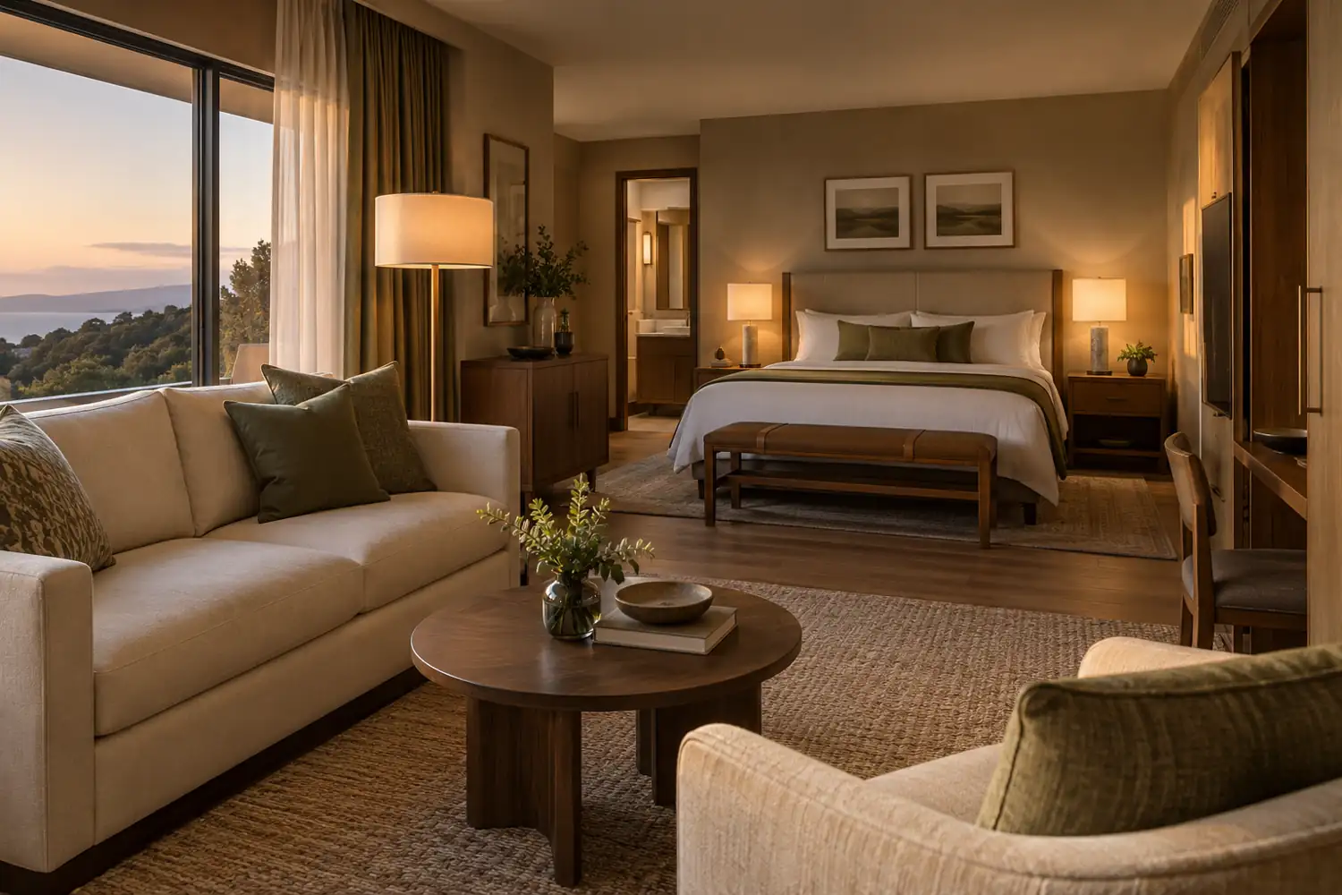 Completed boutique hotel suite with coordinated seating, walnut furniture and warm evening lighting