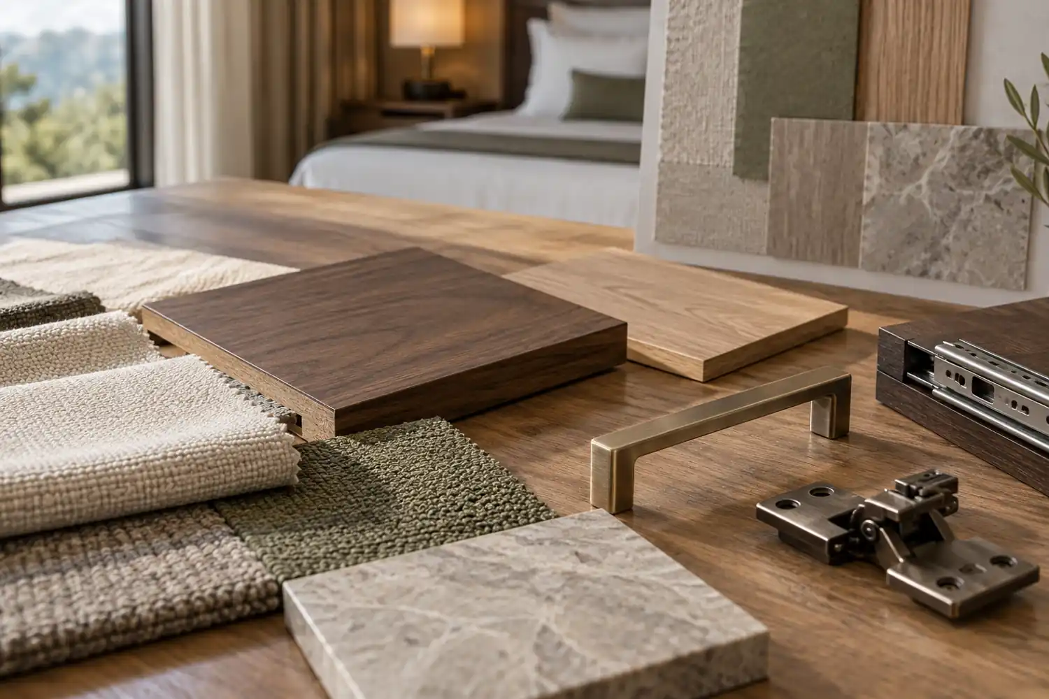 Wood, fabric, stone and hardware samples for a boutique hotel furniture package
