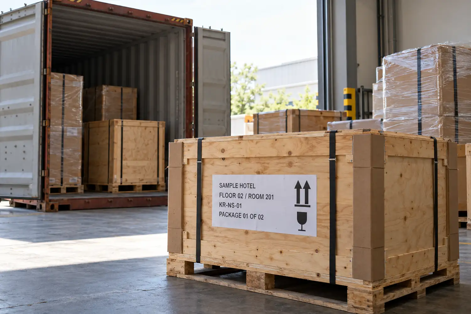 Furniture crate with example hotel, floor, room, item and package labels beside a shipping container