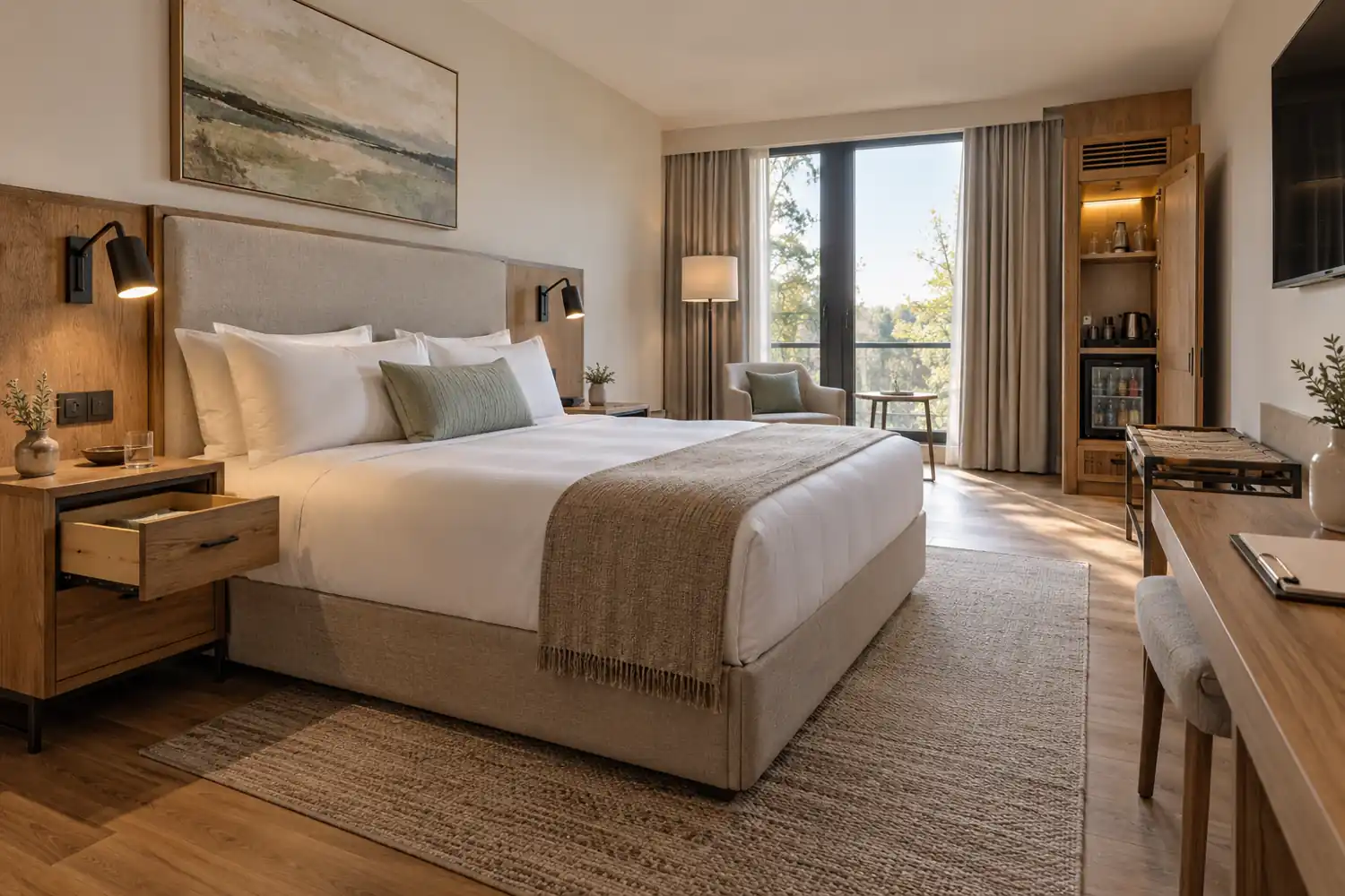 Hotel mock-up room with an open bedside drawer and minibar cabinet