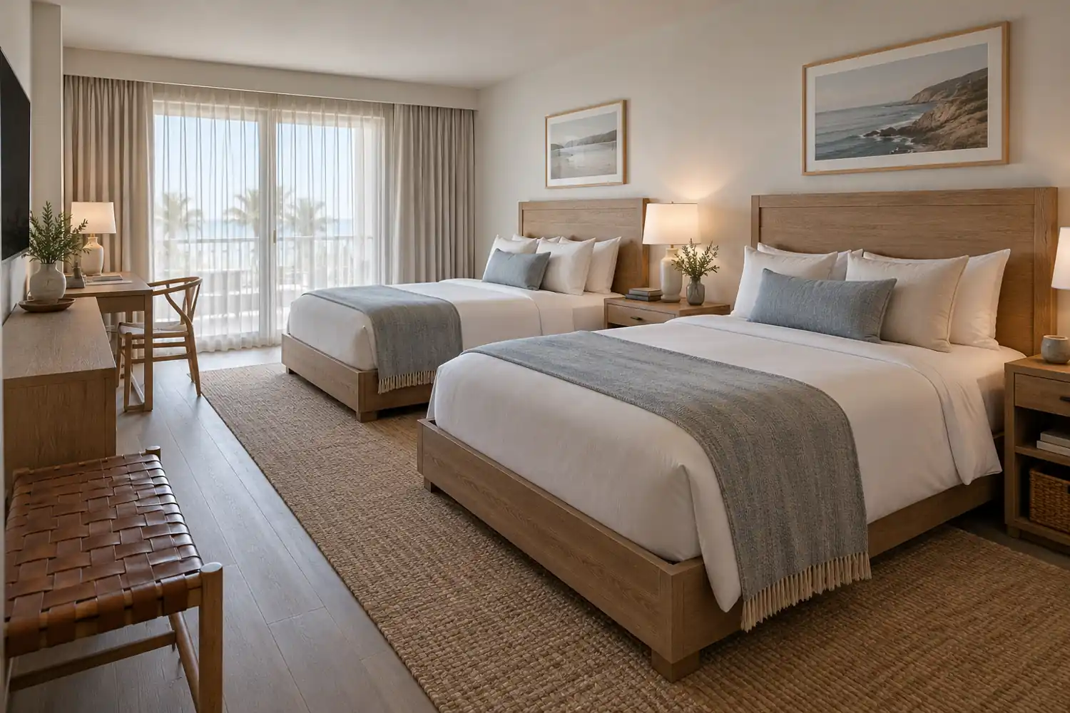 Double-queen boutique hotel room with oak headboards, nightstands and a writing desk