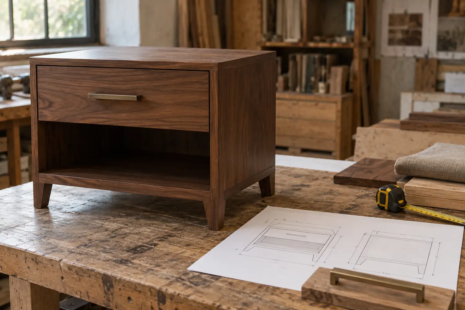 Walnut bedside cabinet beside example elevation drawings and hardware samples