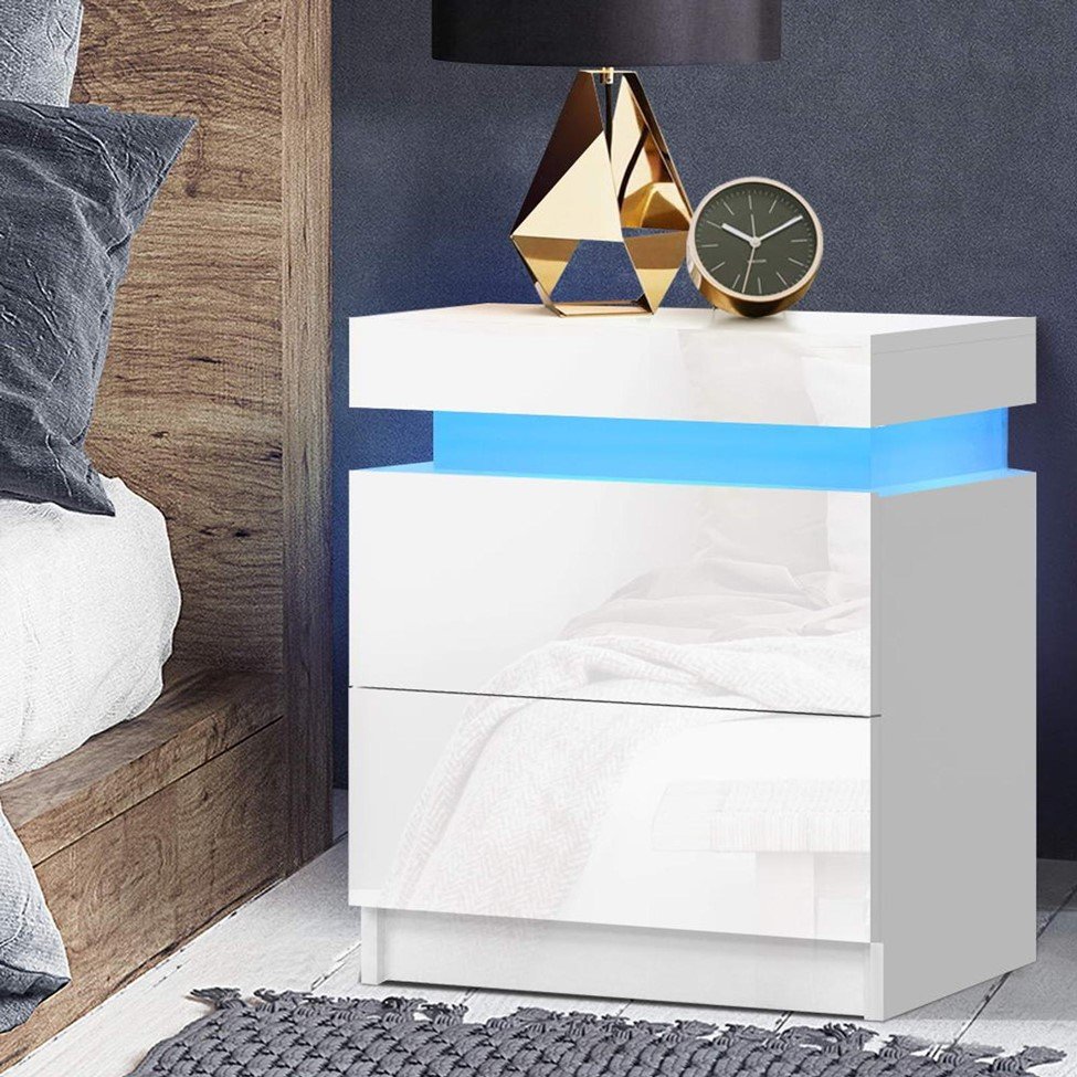 Glossy white drawer bedside table with integrated blue accent light
