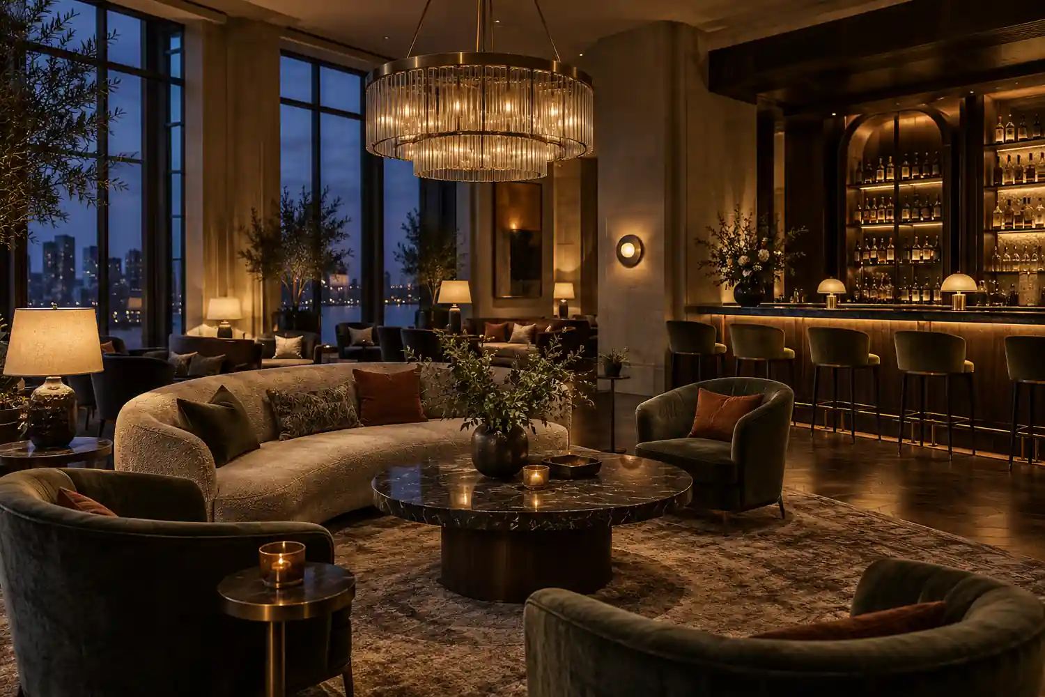 Warm hotel lounge with a glass chandelier, table lamps and separately lit bar