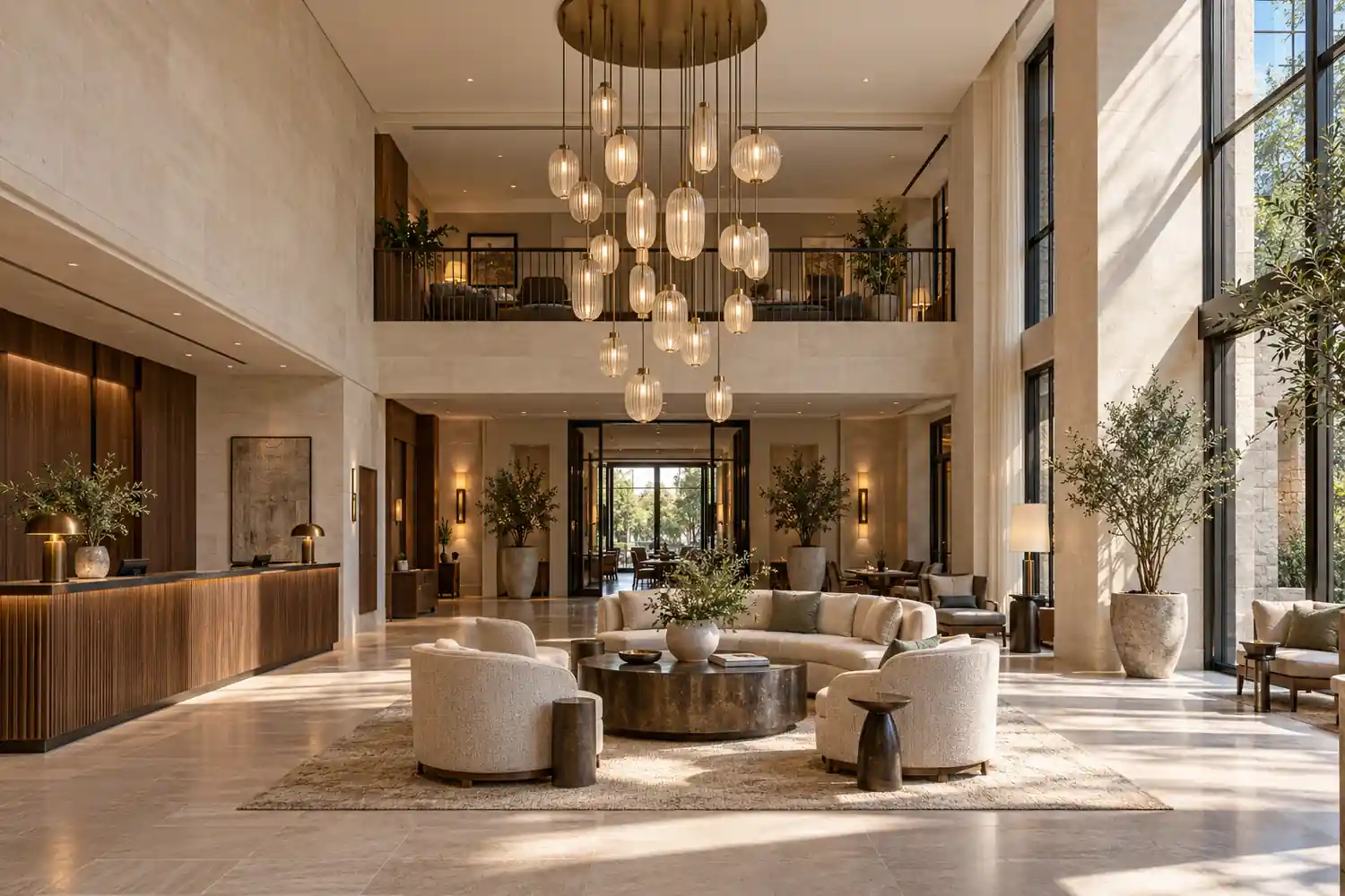 Double-height boutique hotel lobby with a glass pendant chandelier above a seating area