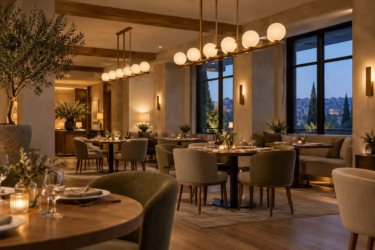Bronze and opal-glass chandeliers above dining tables in a boutique hotel restaurant