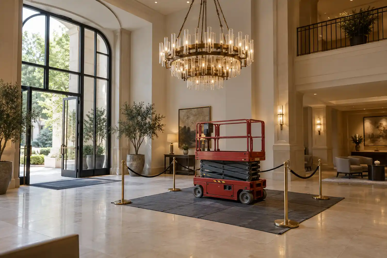Parked indoor scissor lift in a closed hotel lobby below a chandelier