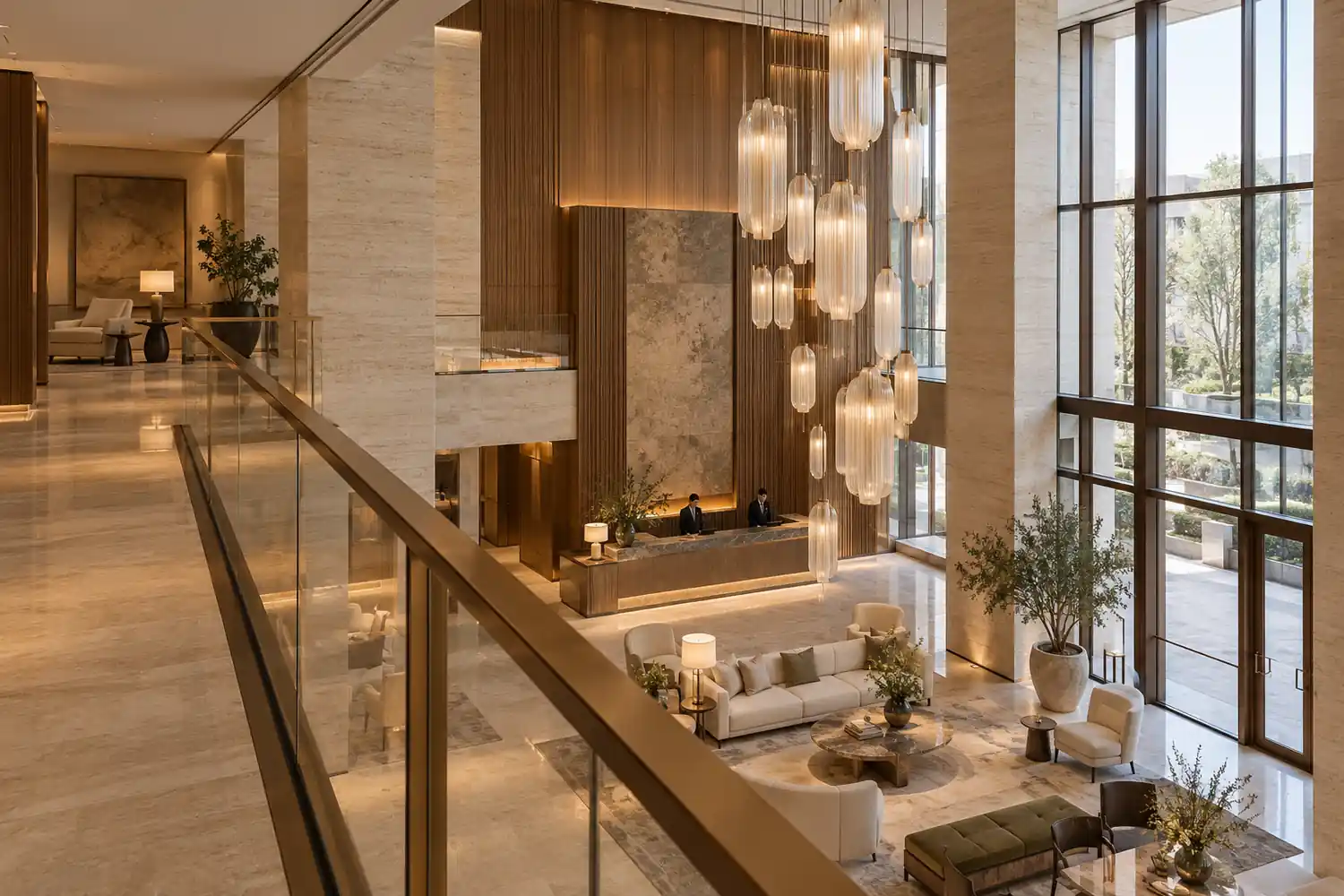 Cascading glass chandelier seen from a boutique hotel mezzanine