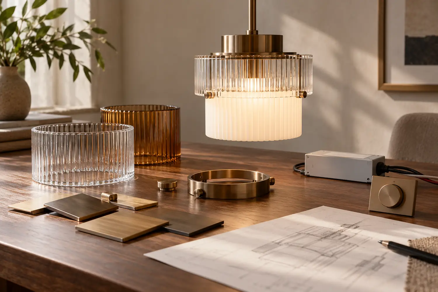 Bronze finishes, ribbed glass and a working pendant module for chandelier approval