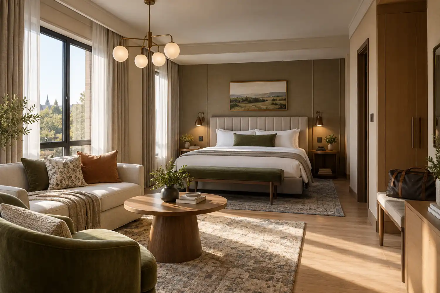Boutique hotel suite with an opal-glass chandelier above the lounge seating