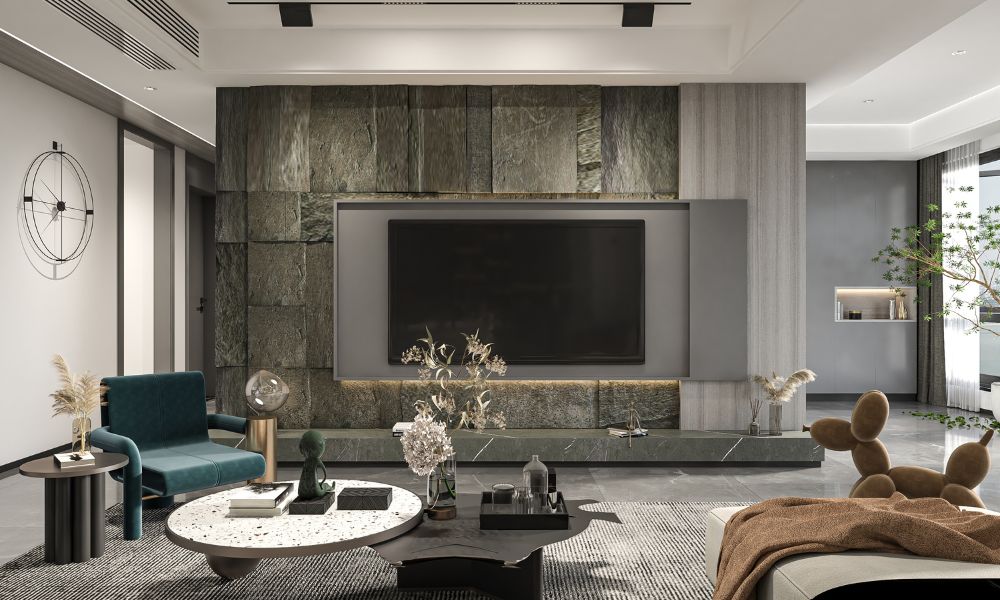 Eclectic living room with collected art and expressive furniture
