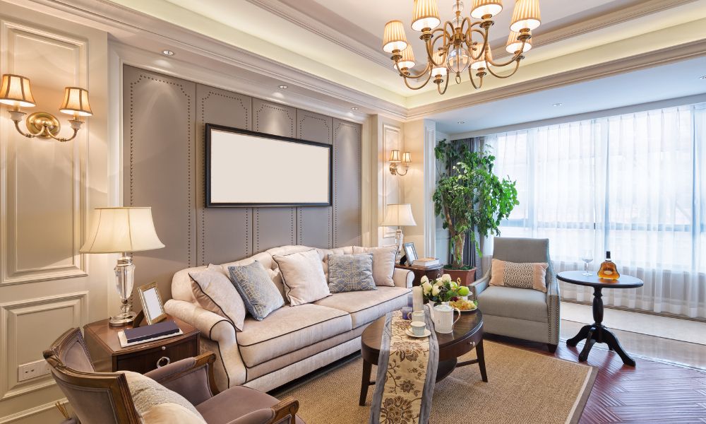 Tailored luxury living room with refined cabinetry and lighting