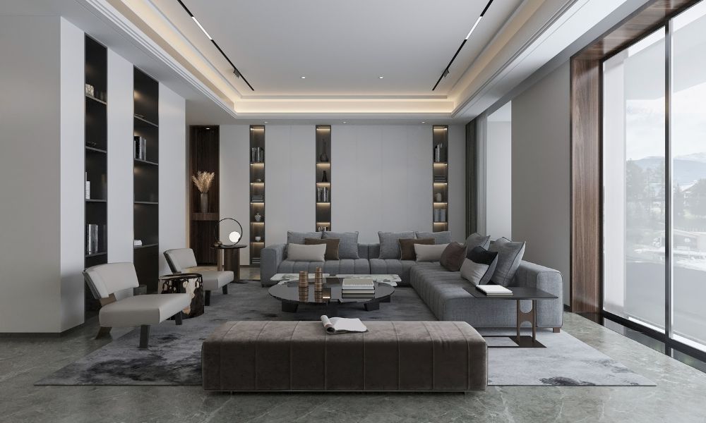 Warm modern living room with layered neutral furniture and lighting