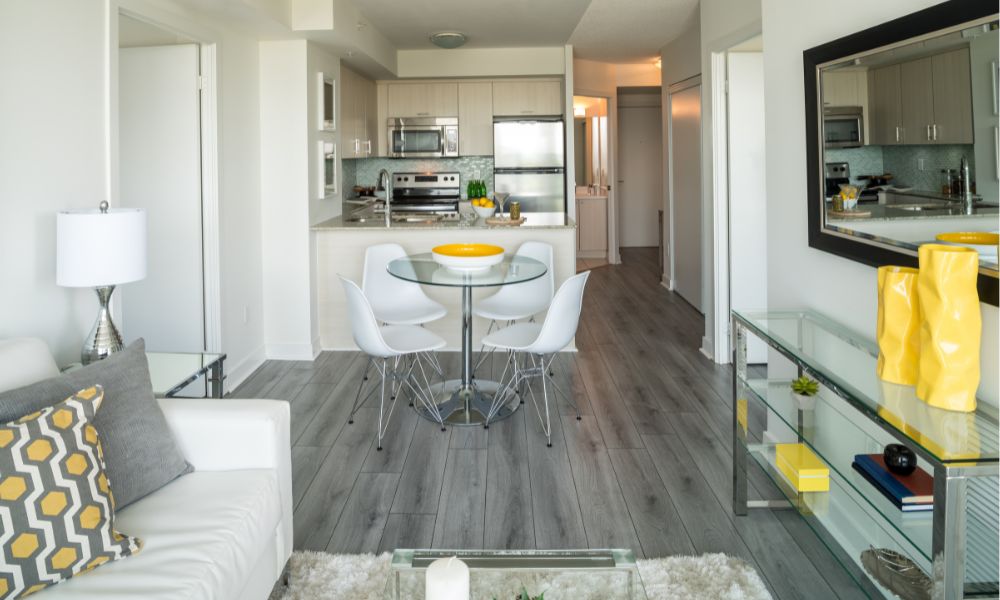 Compact condo living room with appropriately scaled furniture and clear circulation