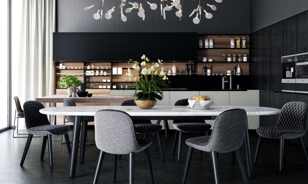 High-contrast black and white living room
