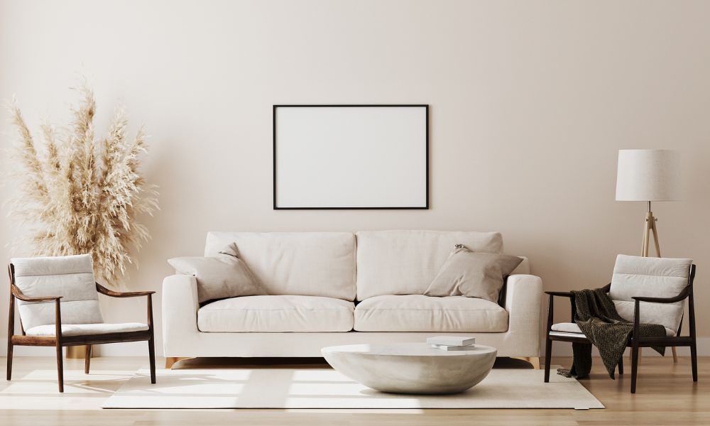 Neutral contemporary living room with layered textures