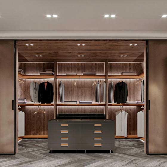 Walk in closet island open door with particle board