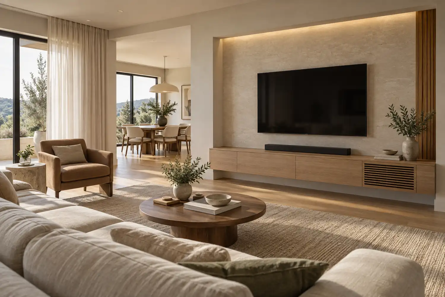 Concept illustration of a floating oak TV cabinet with a soundbar and side windows