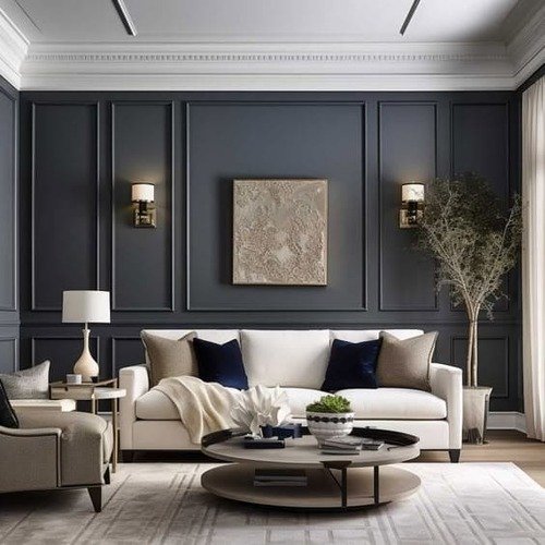 Dark blue living room showing coordinated paint furniture lighting and decor after renovation