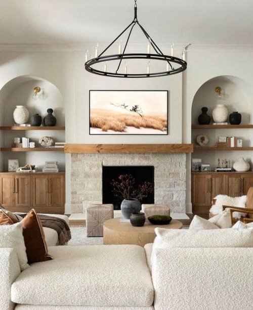Living room furniture layout with sofa chairs tables and clear walking paths