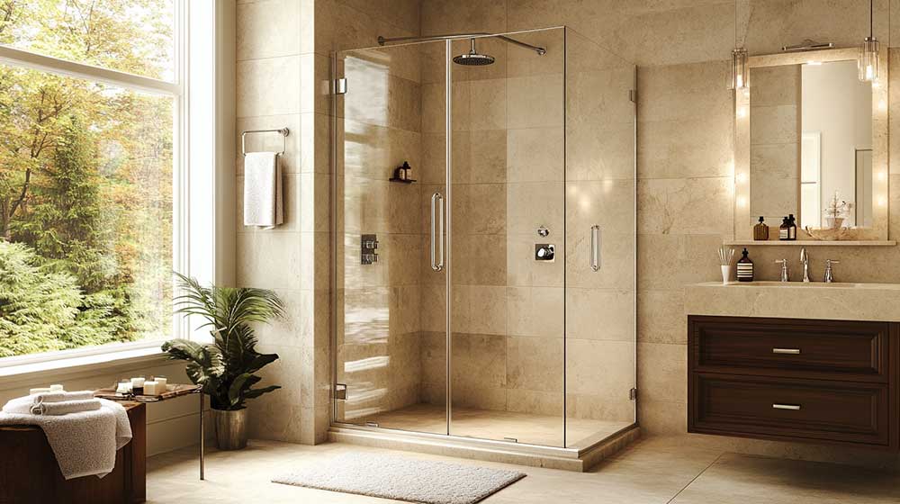 Frameless bathroom glass door with hinges and seals visible