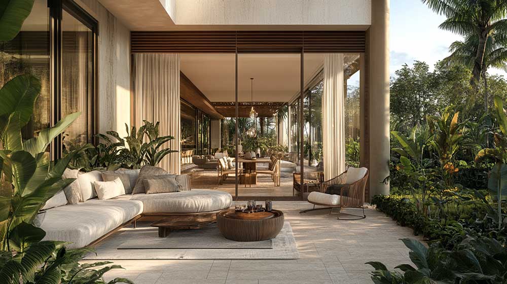 Large sliding glass door opening from a luxury living room to an outdoor terrace
