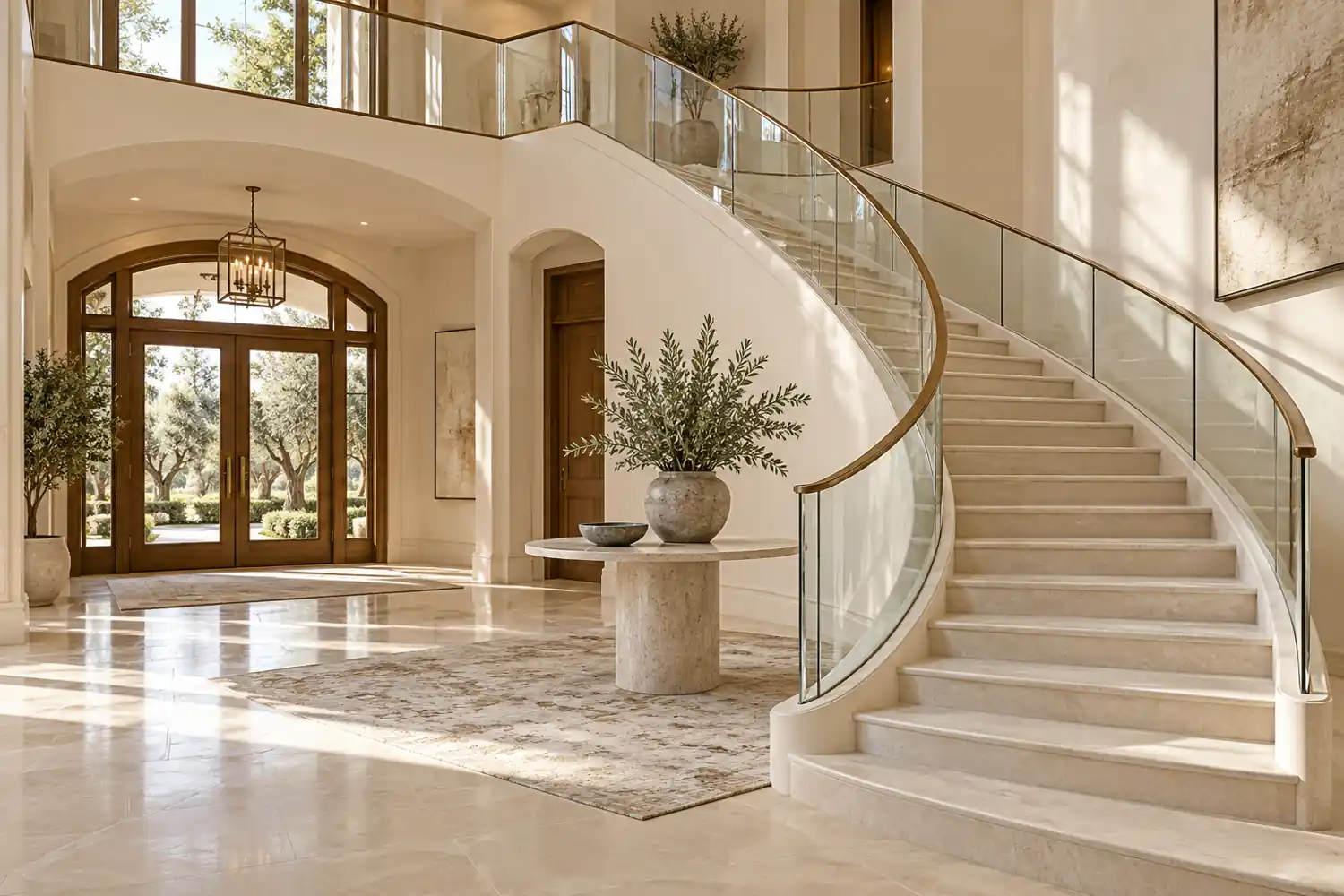 Curved pale stone staircase with glass guards and bronze handrails in a villa foyer