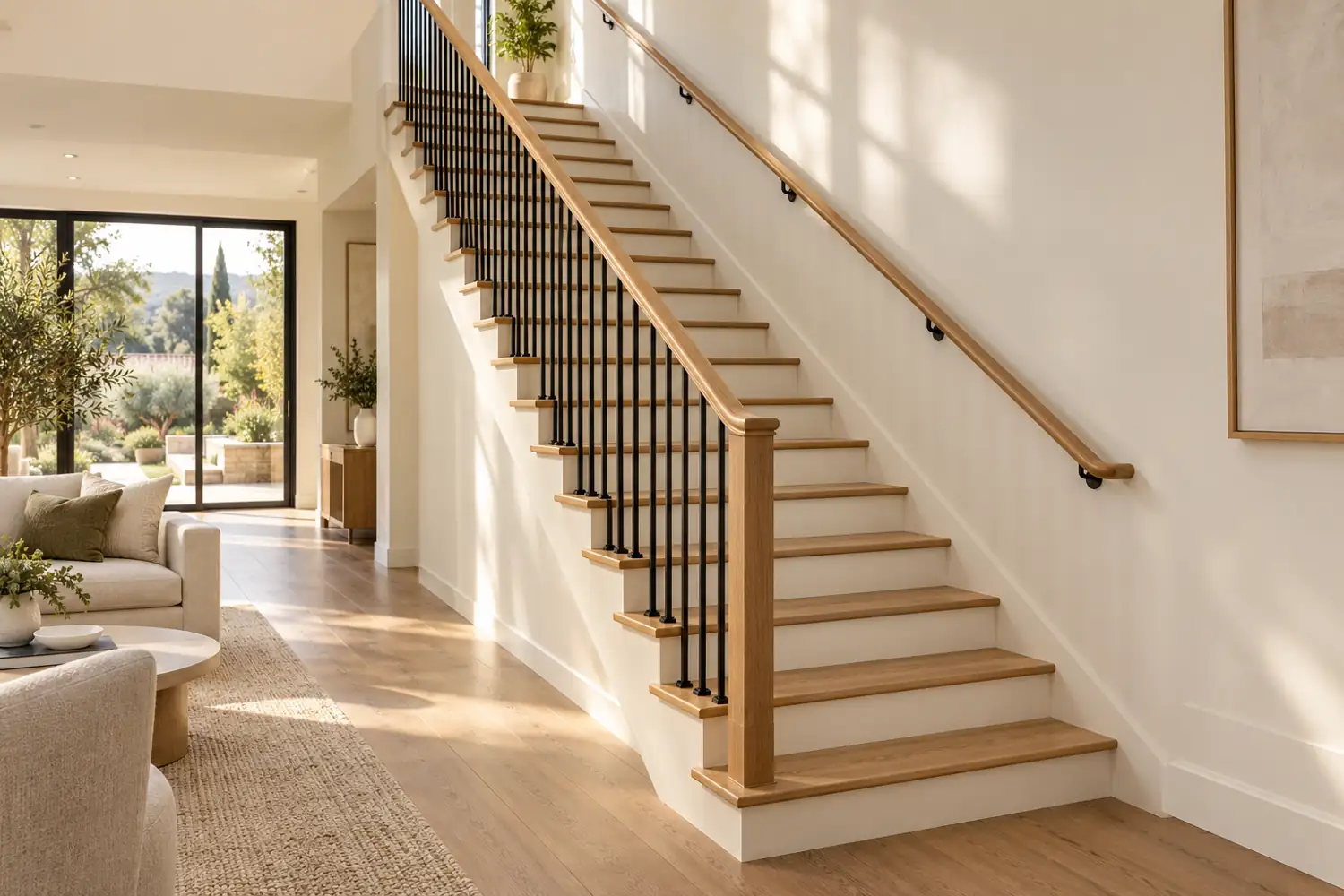 Straight oak staircase with closed risers and handrails in a bright home