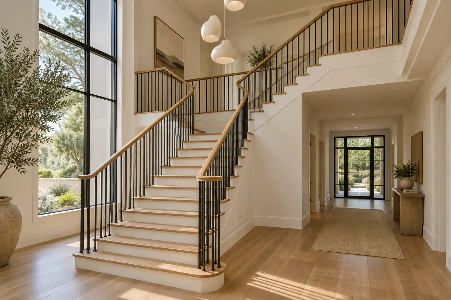 Warm oak staircase with a landing and dark vertical guards in a sunlit entrance