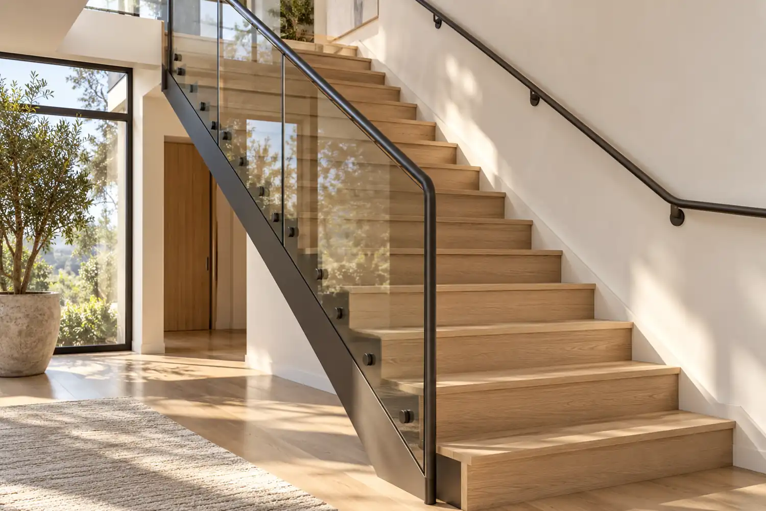 Oak treads and closed risers coordinated with steel supports and a glass guard
