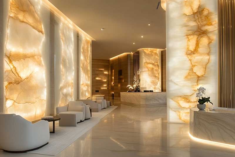 Backlit Onyx hotel lobby