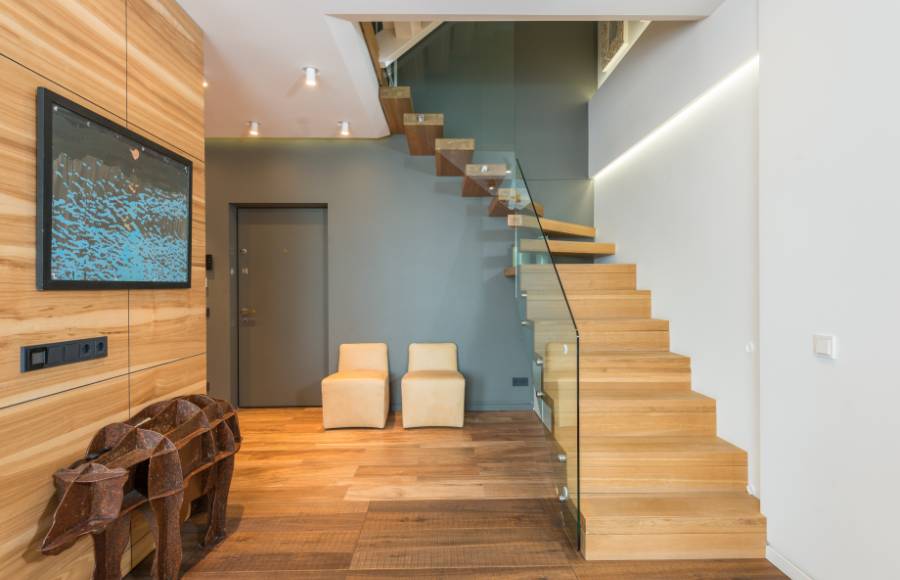 Glass and wooden straight stair design solution