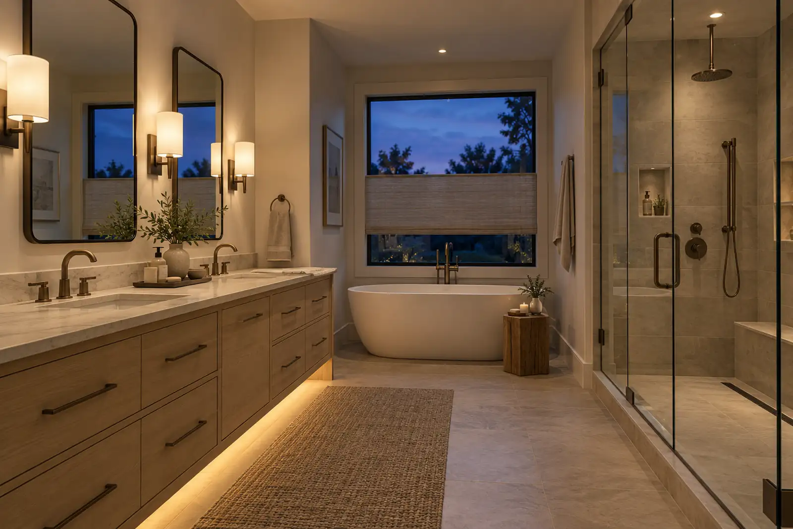 Modern bathroom at dusk with face-level sconces, ceiling lighting and low-level vanity light