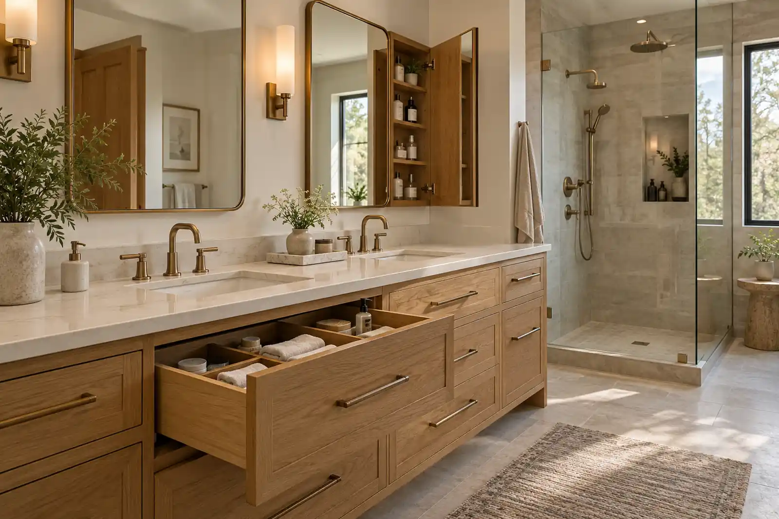 Oak bathroom vanity with organized drawers and recessed medicine cabinet