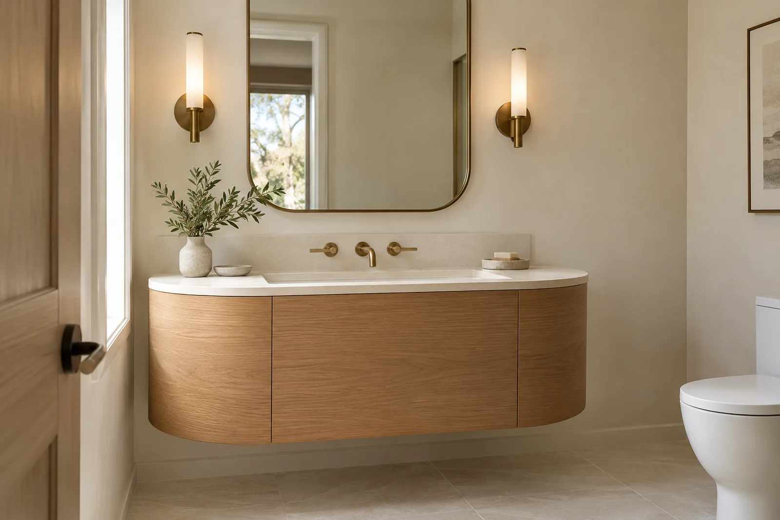 Powder room with curved oak vanity, rounded mirror and warm wall sconces