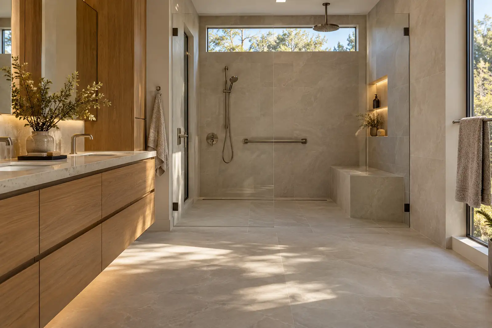 Modern bathroom with level-entry shower, bench, hand shower and support bar