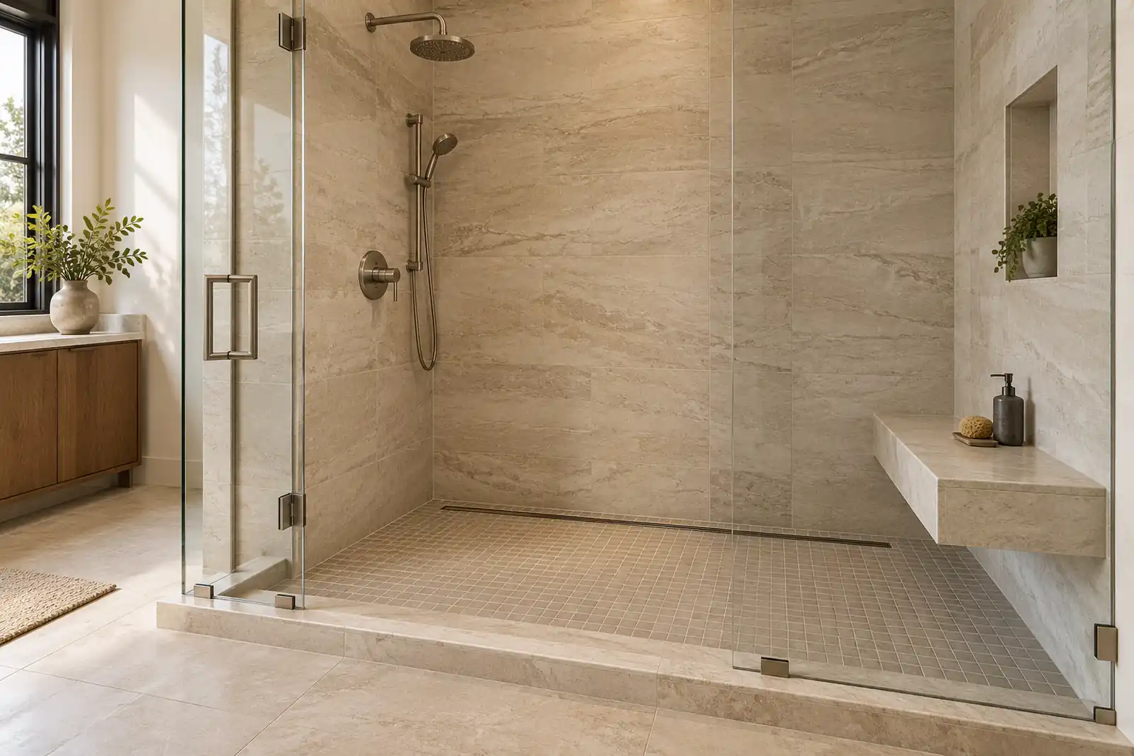 Low-curb glass shower with built-in bench, hand shower and warm stone-look tile