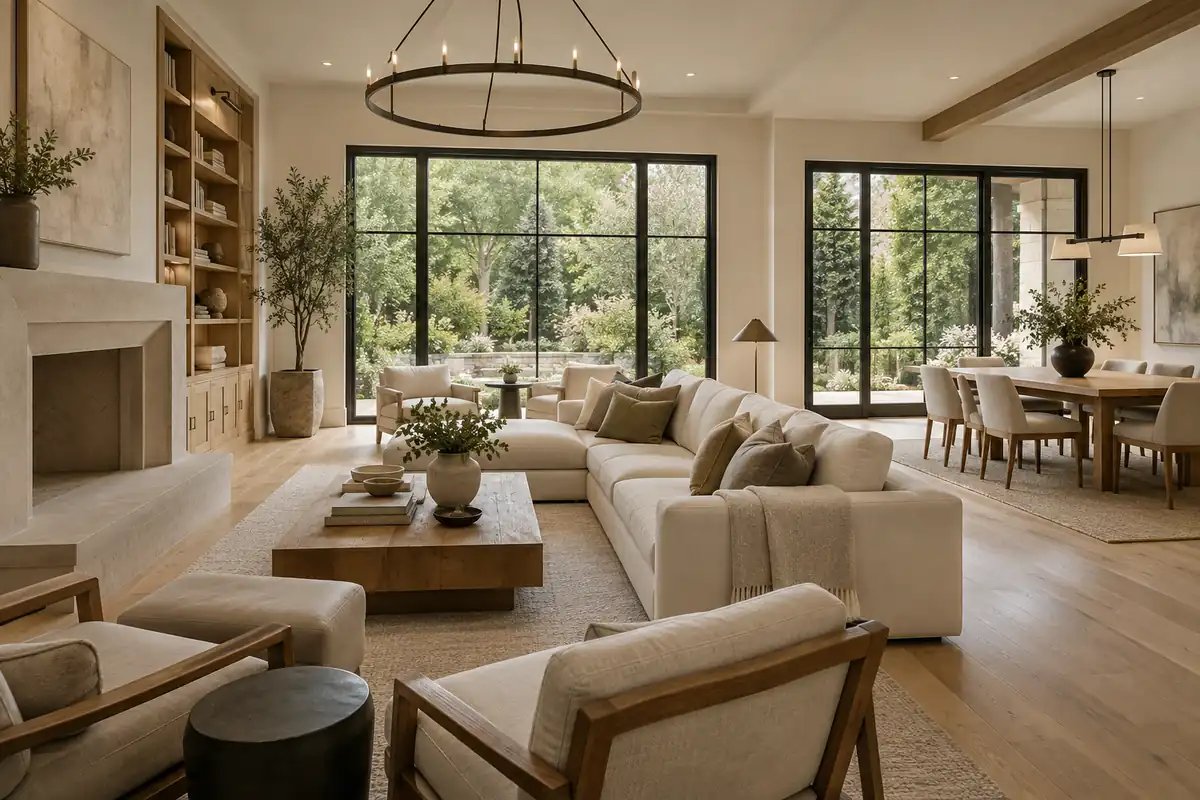 Daylit living and dining room with oak millwork, a limestone fireplace, and garden-facing windows