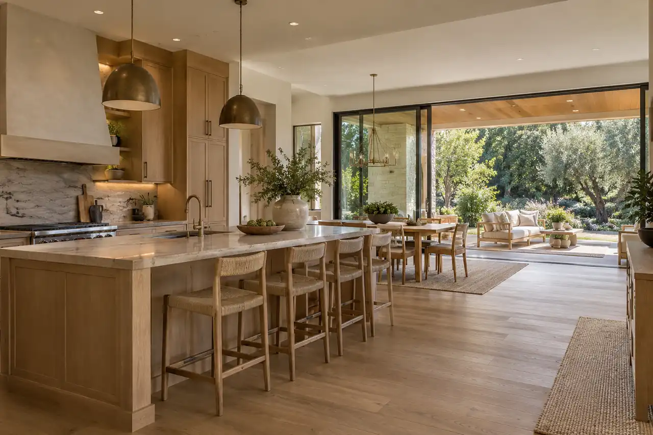 Open kitchen and dining area connected to a covered terrace through sliding doors