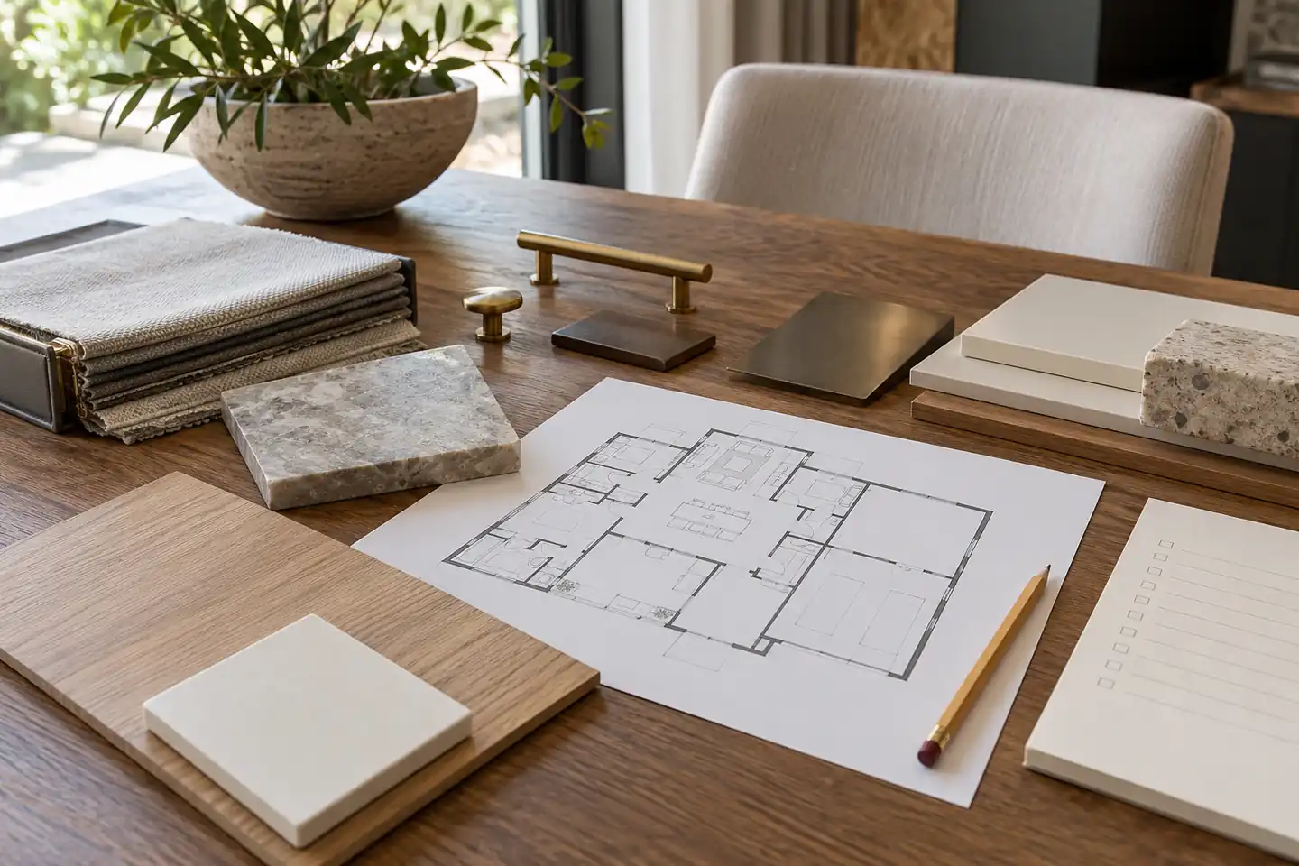 Home floor plan beside wood, stone, fabric, and metal finish samples