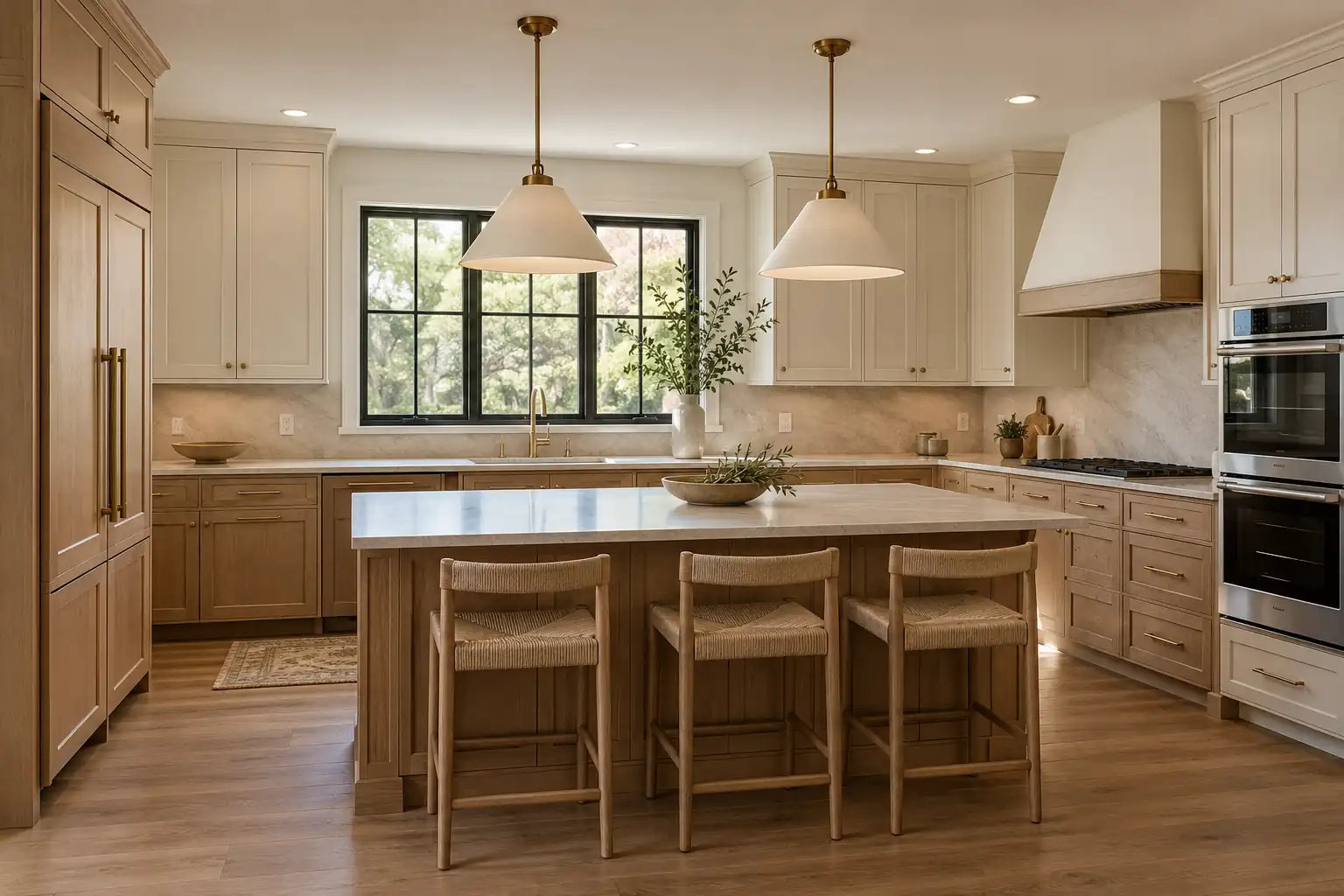 Coordinated oak kitchen with island seating, integrated appliances, and two pendant lights