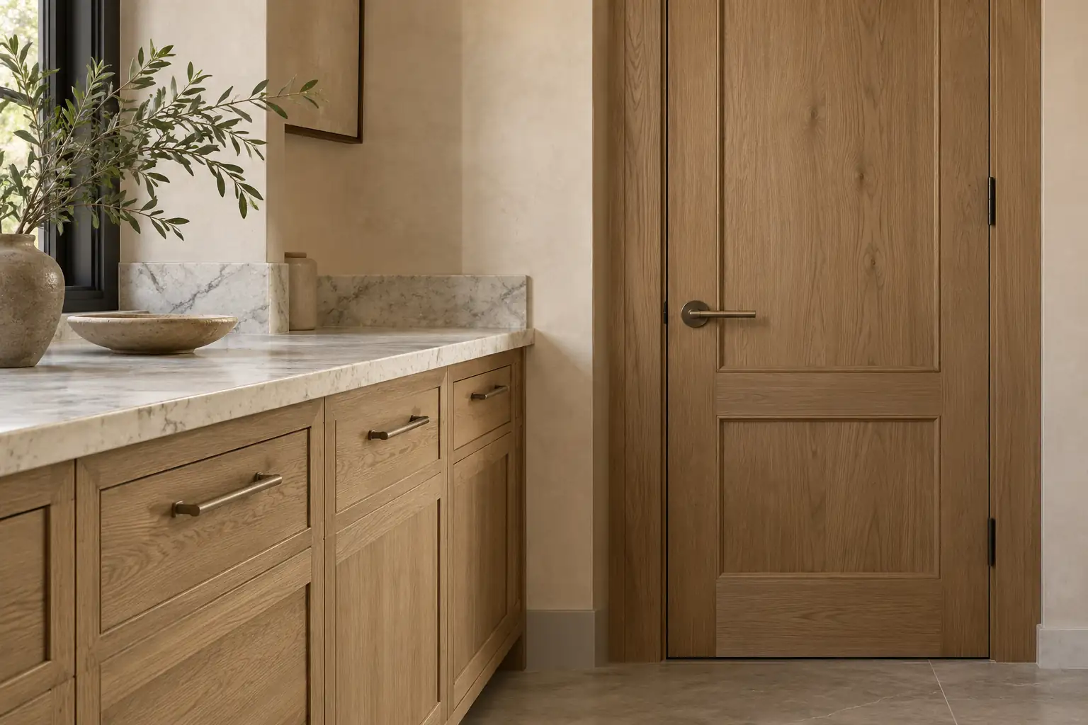 Oak cabinetry and interior door with bronze hardware beside a pale stone countertop