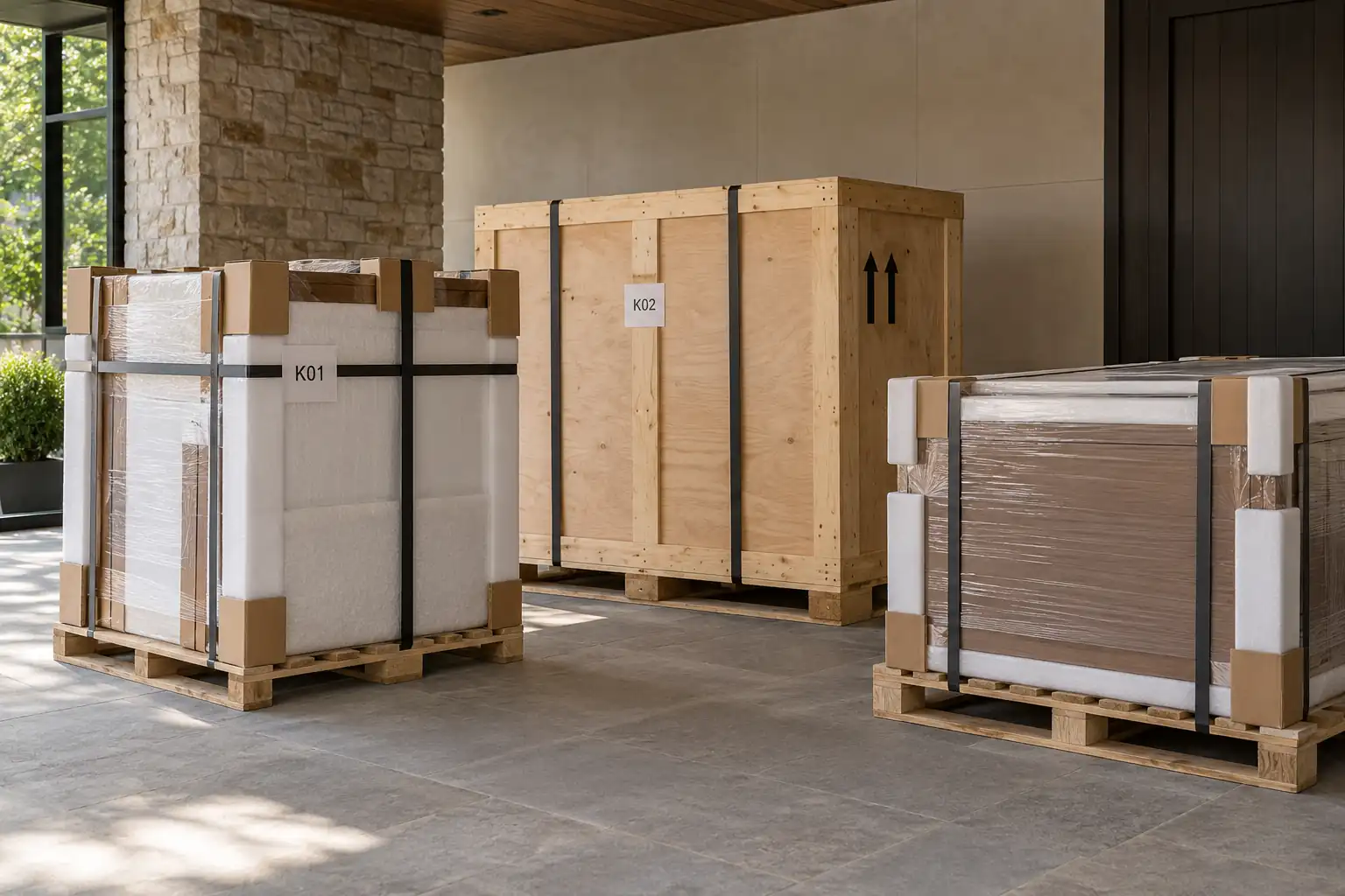 Protected cabinet components and a labeled timber crate on pallets in a covered area