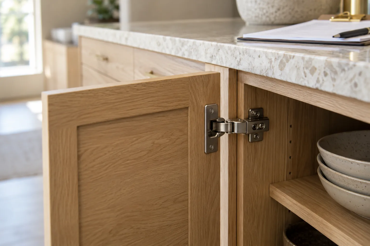 Close view of an open oak cabinet door, concealed hinge, and stone countertop
