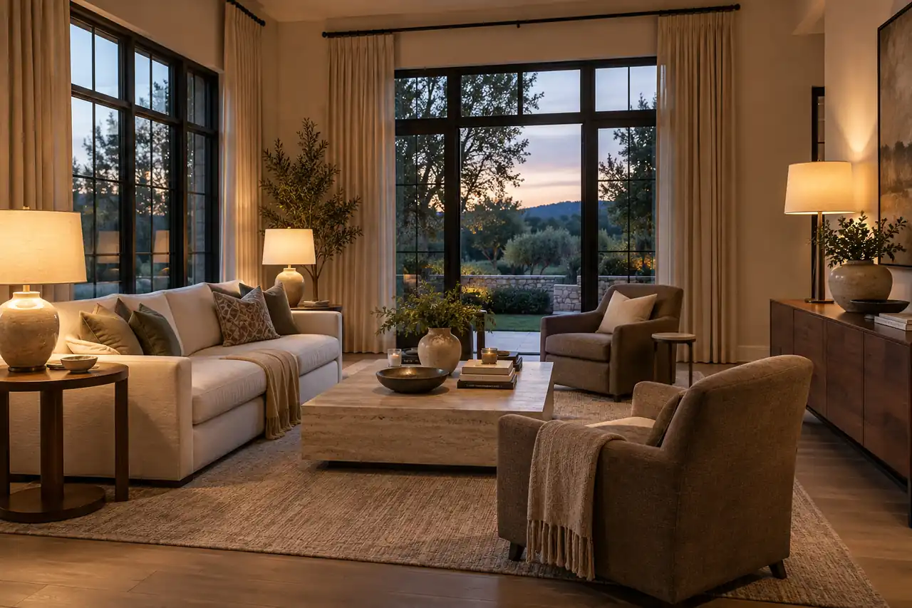 Furnished sitting room with linen curtains, layered lamps, and garden views at dusk