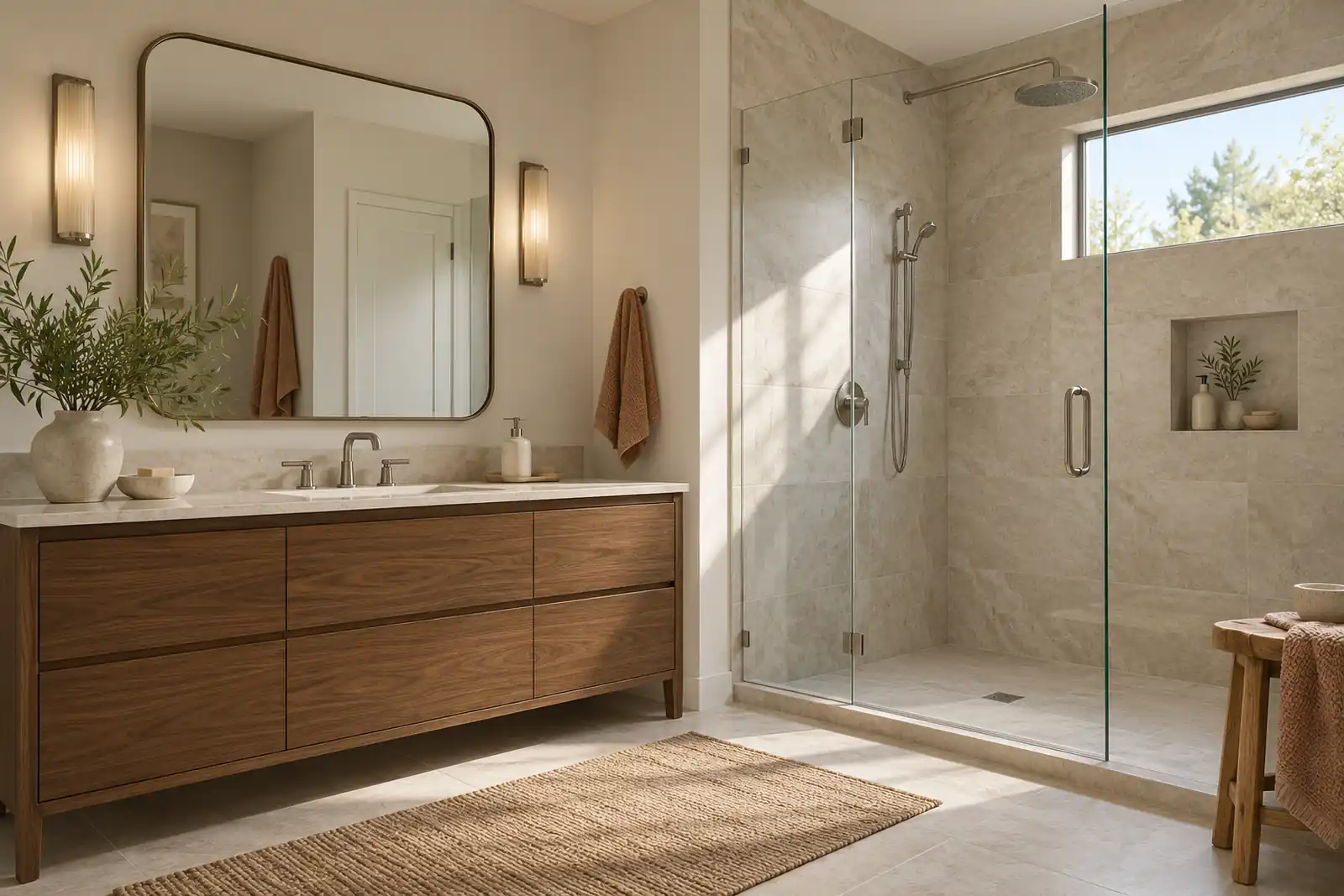 Medium bathroom with walnut furniture-style vanity and warm stone-look porcelain
