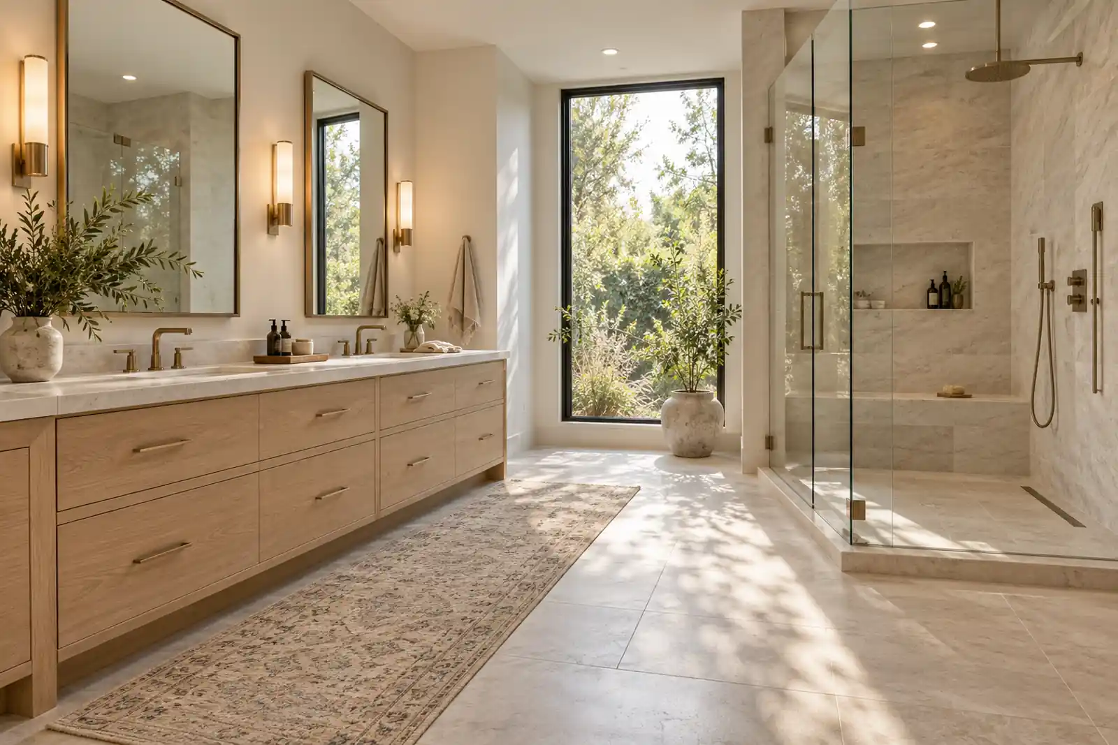 Warm modern primary bathroom with oak vanity, stone-look finishes and a glass-enclosed shower