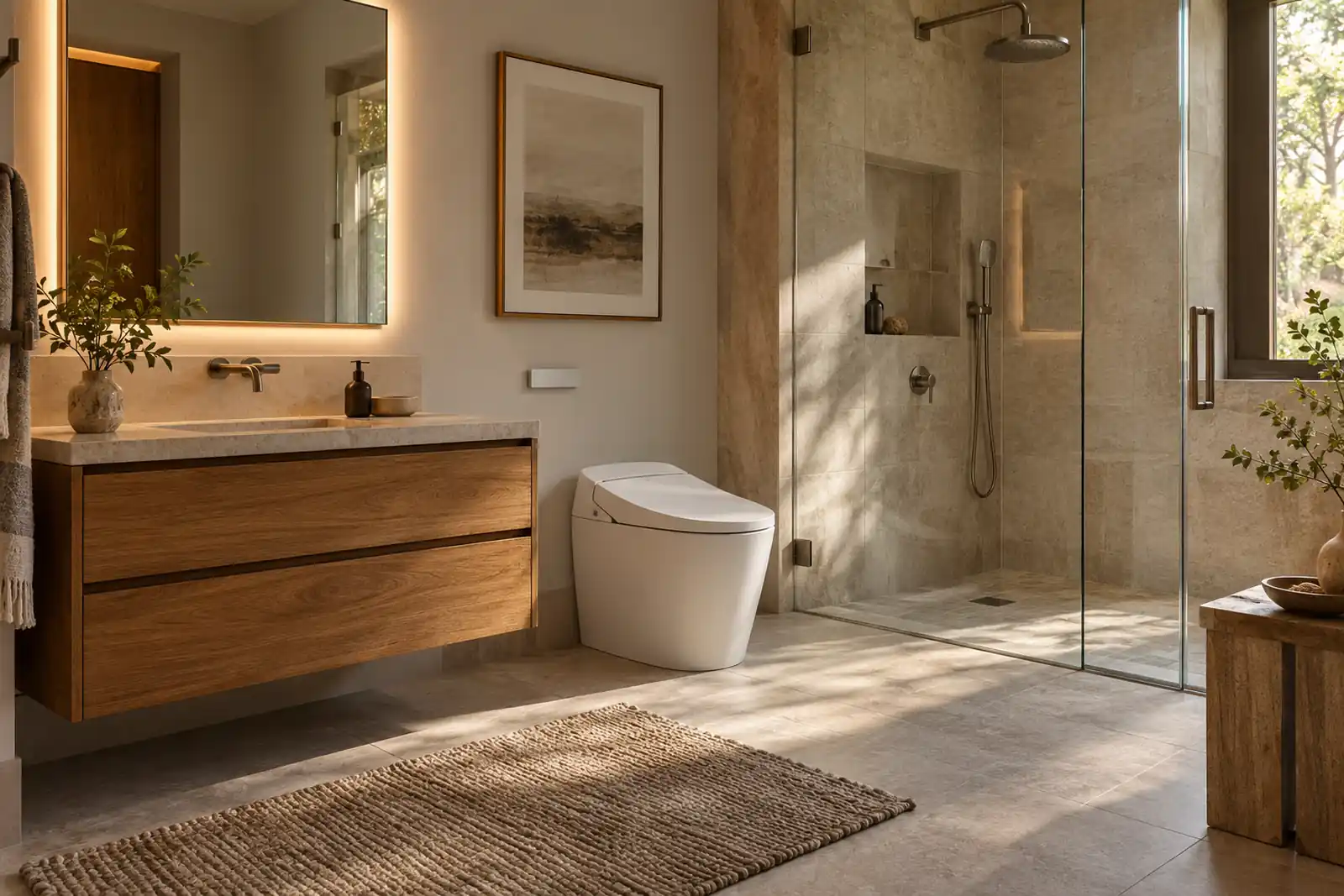 Warm modern bathroom with smart toilet, illuminated mirror and enclosed shower