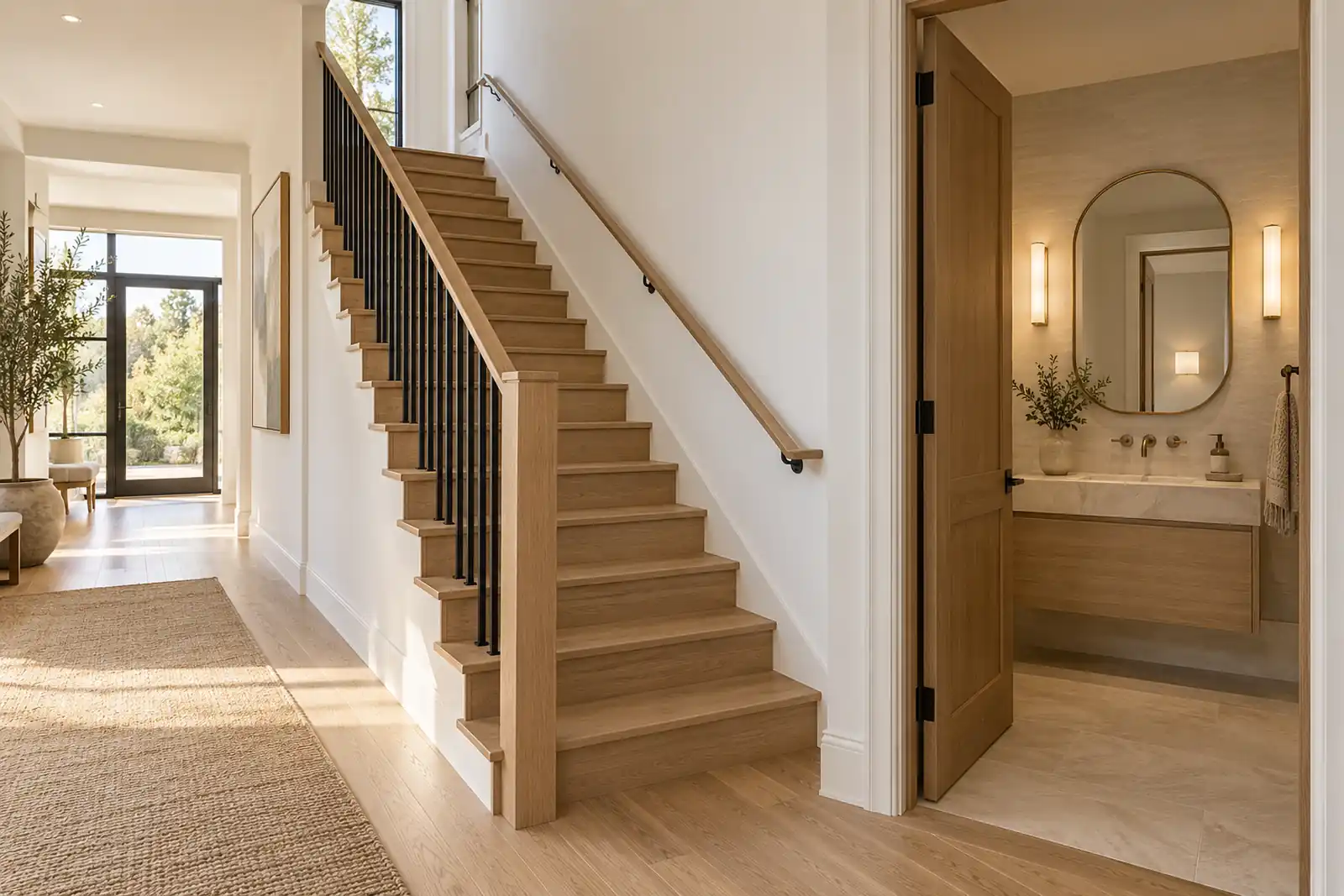 Oak staircase with dark vertical balusters beside a separate enclosed powder room